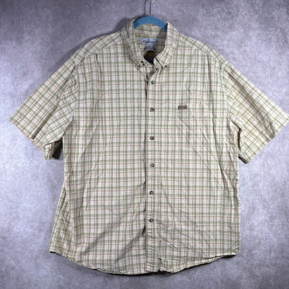 Carhartt Button Down Shirt Men Size XL Tan Green Plaid Short Sleeve Cotton Work